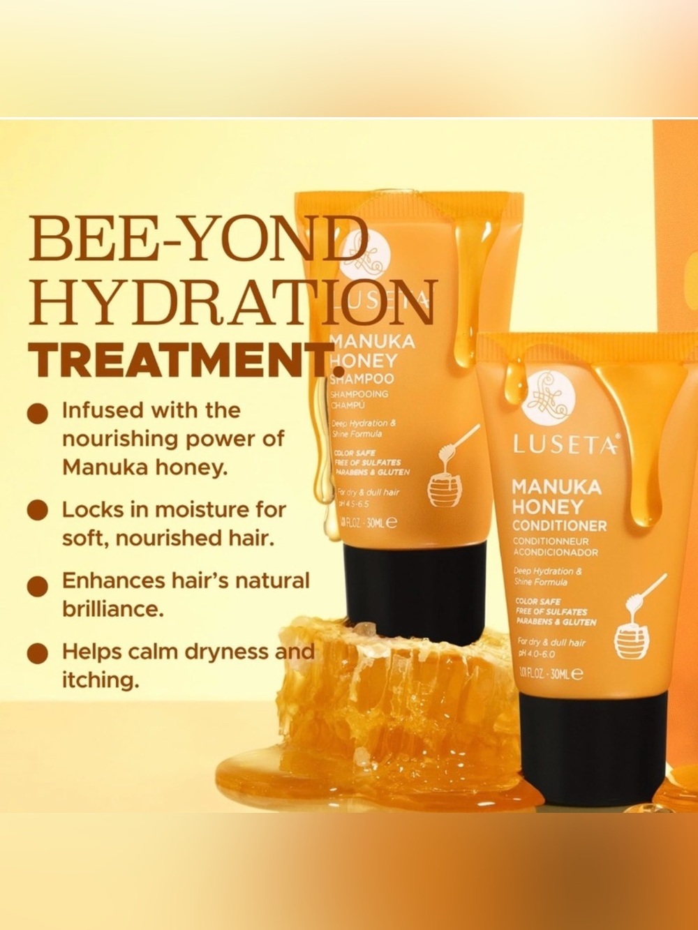 🍯 LUSETA Manuka Honey-Kissed
Travel Size Shampoo & Conditioner